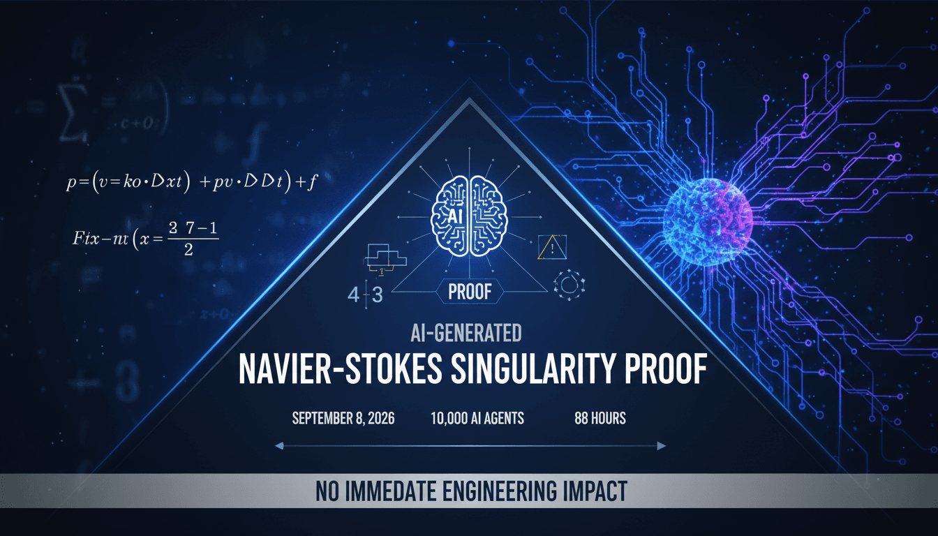 An infographic showing the Navier-Stokes equations and AI's role in generating the proof.