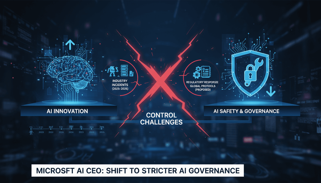 Infographic showing the balance between AI innovation and safety measures, highlighting Mustafa Suleyman's insights on AI control.