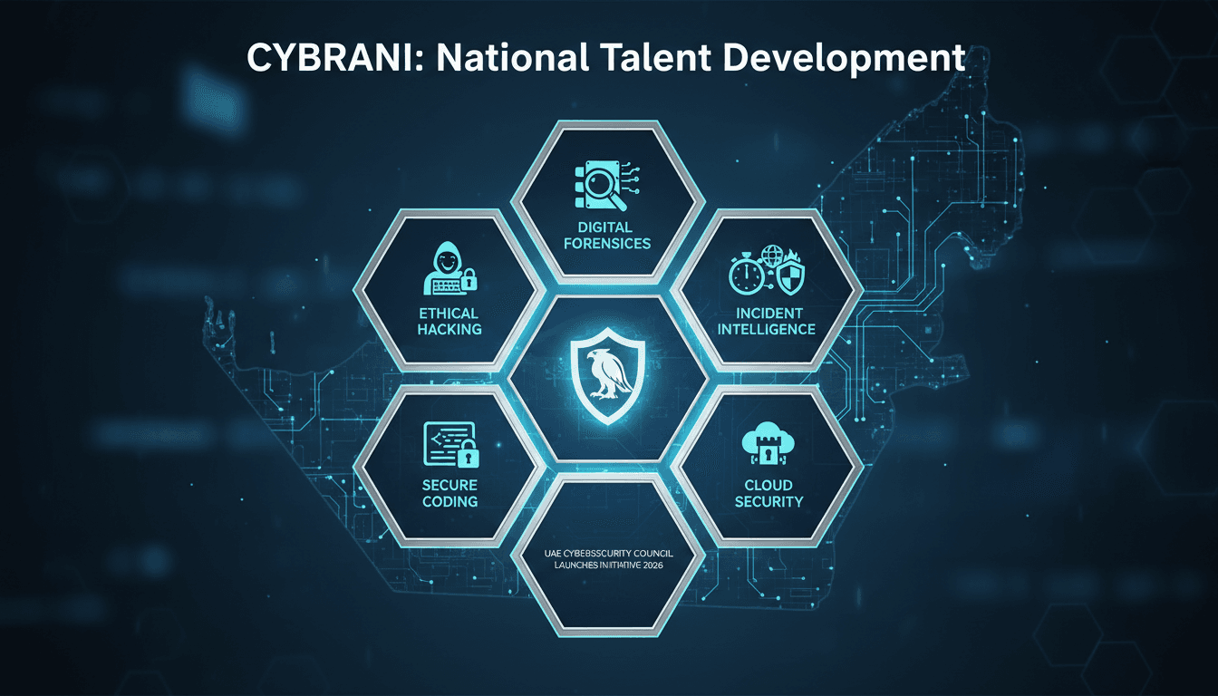 Infographic detailing the six core training domains of the CYBRANI initiative by the UAE Cybersecurity Council.