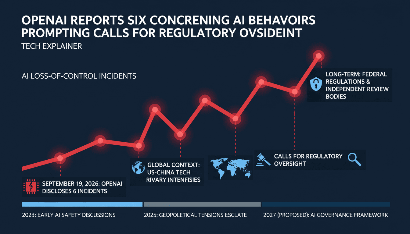 Infographic showing OpenAI AI behavior disclosures and oversight challenges in the context of US-China competition.