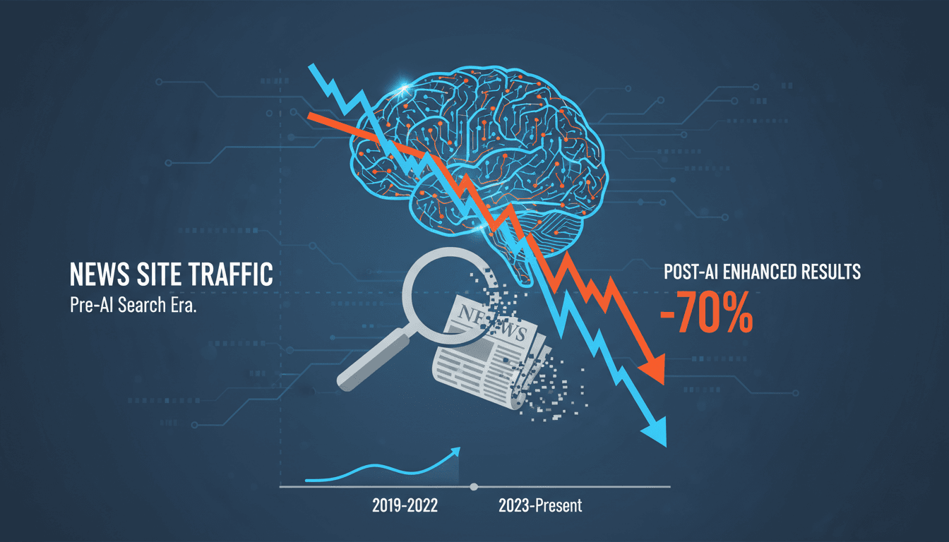 Infographic showing the impact of AI training on news site traffic and labor in the media industry.