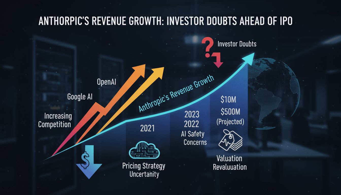 Infographic illustrating Anthropic's revenue growth and competitive challenges ahead of its IPO.