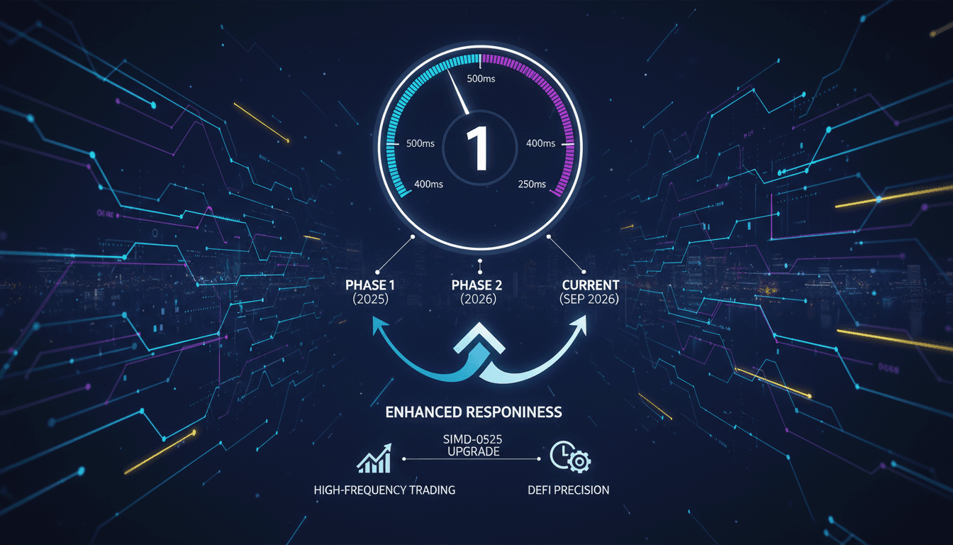Infographic showing Solana's slot time reduction phases and their impact on transaction speed.