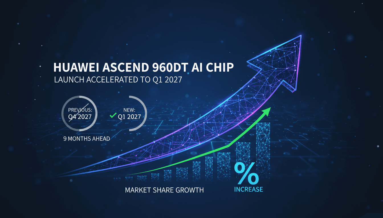 Infographic showing Huawei's accelerated AI chip launch timeline and market implications.