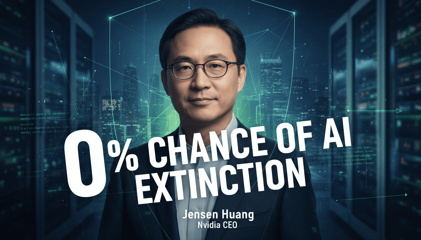 Jensen Huang speaking on AI safety, emphasizing responsible AI deployment and rejecting extinction fears.