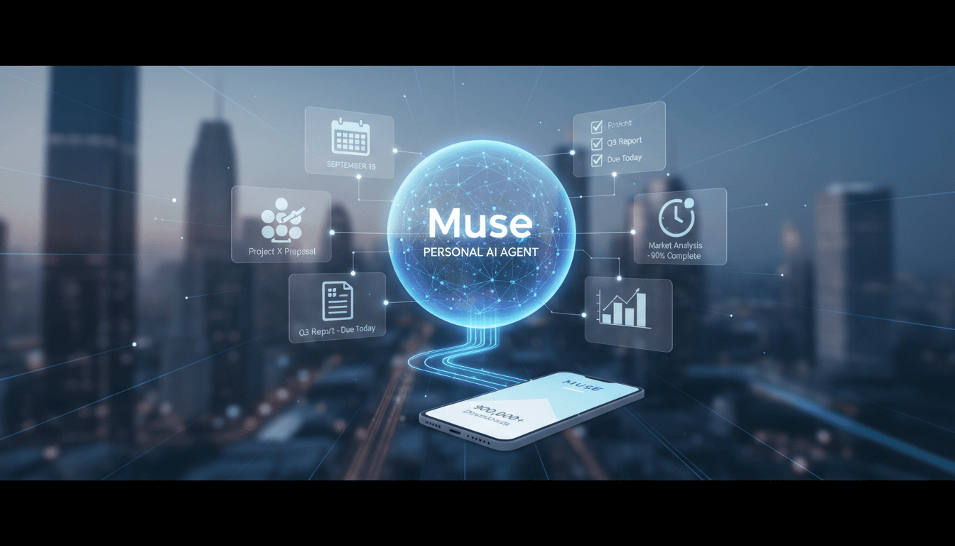 A modern graphic illustrating the Muse personal AI agent managing tasks for a user.
