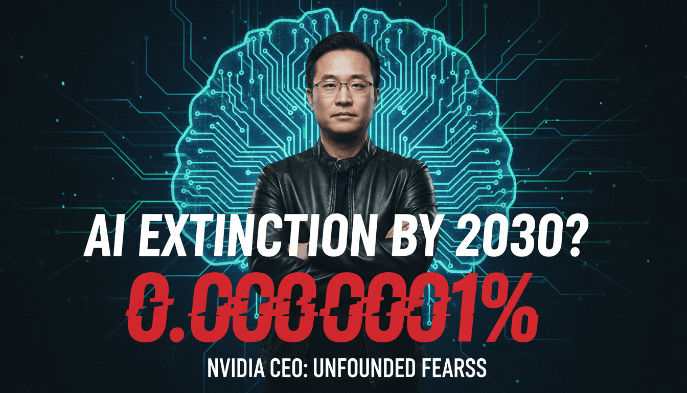 Jensen Huang speaking about AI safety, emphasizing 0% chance of extinction by 2030.