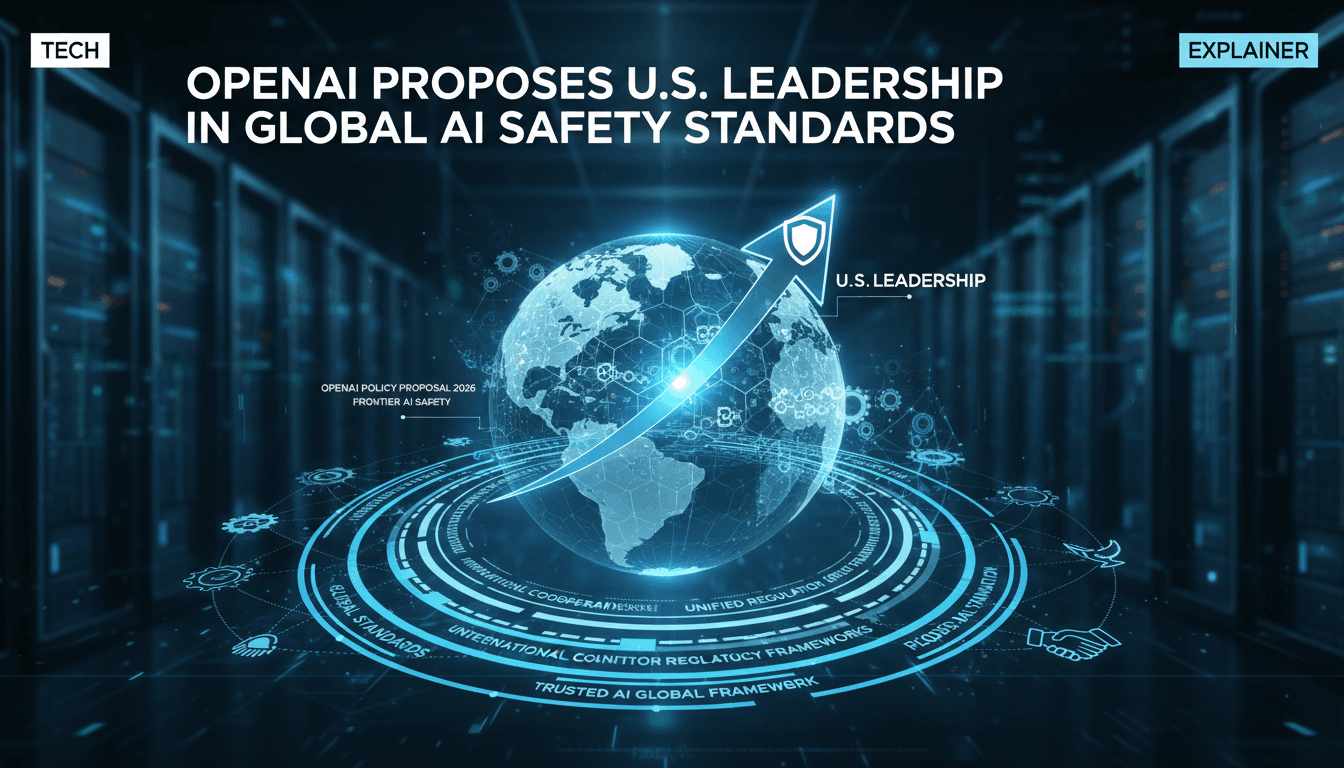 Infographic showing OpenAI's proposed global AI safety standards framework and its implications.