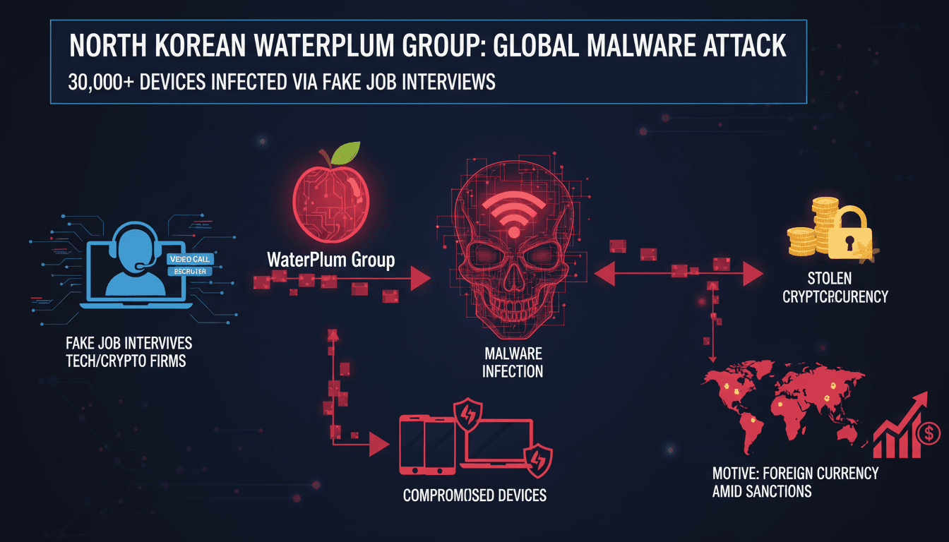 Infographic showing North Korean malware campaign's impact on global tech professionals and cryptocurrency theft.