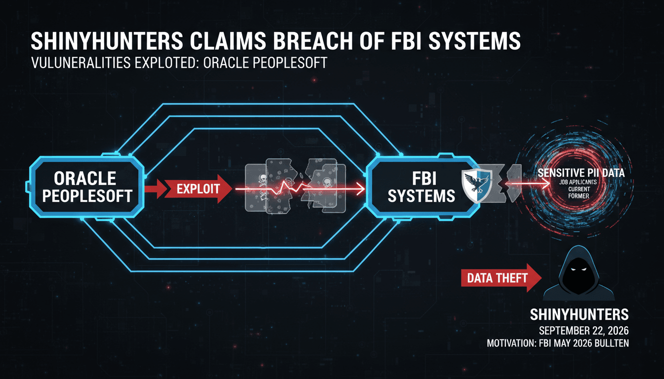 A diagram showing the breach process of ShinyHunters into FBI systems, highlighting vulnerabilities.