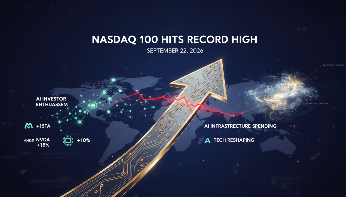A graphic showing the Nasdaq 100's record high with highlights of AI stock performances.
