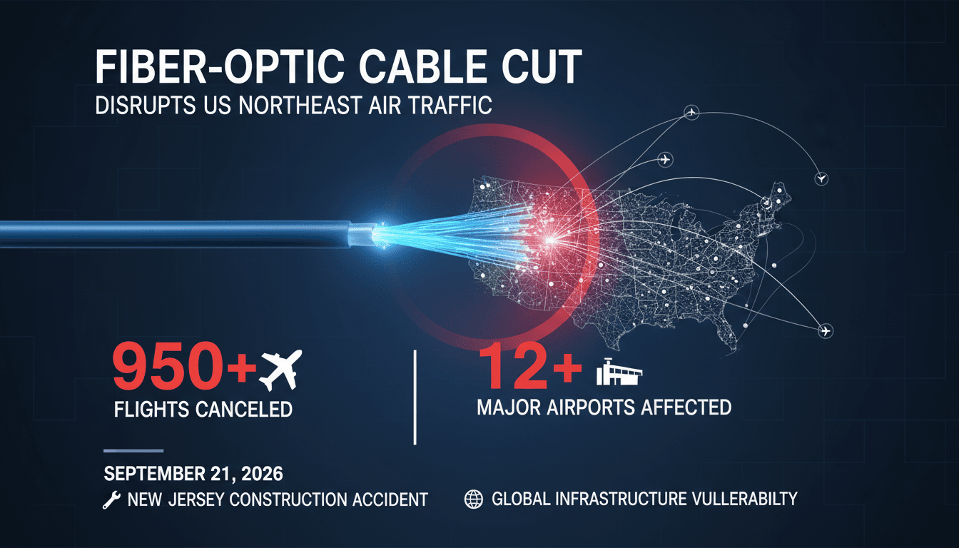 Infographic showing flight cancellations and affected airports due to fiber-optic cable severance.