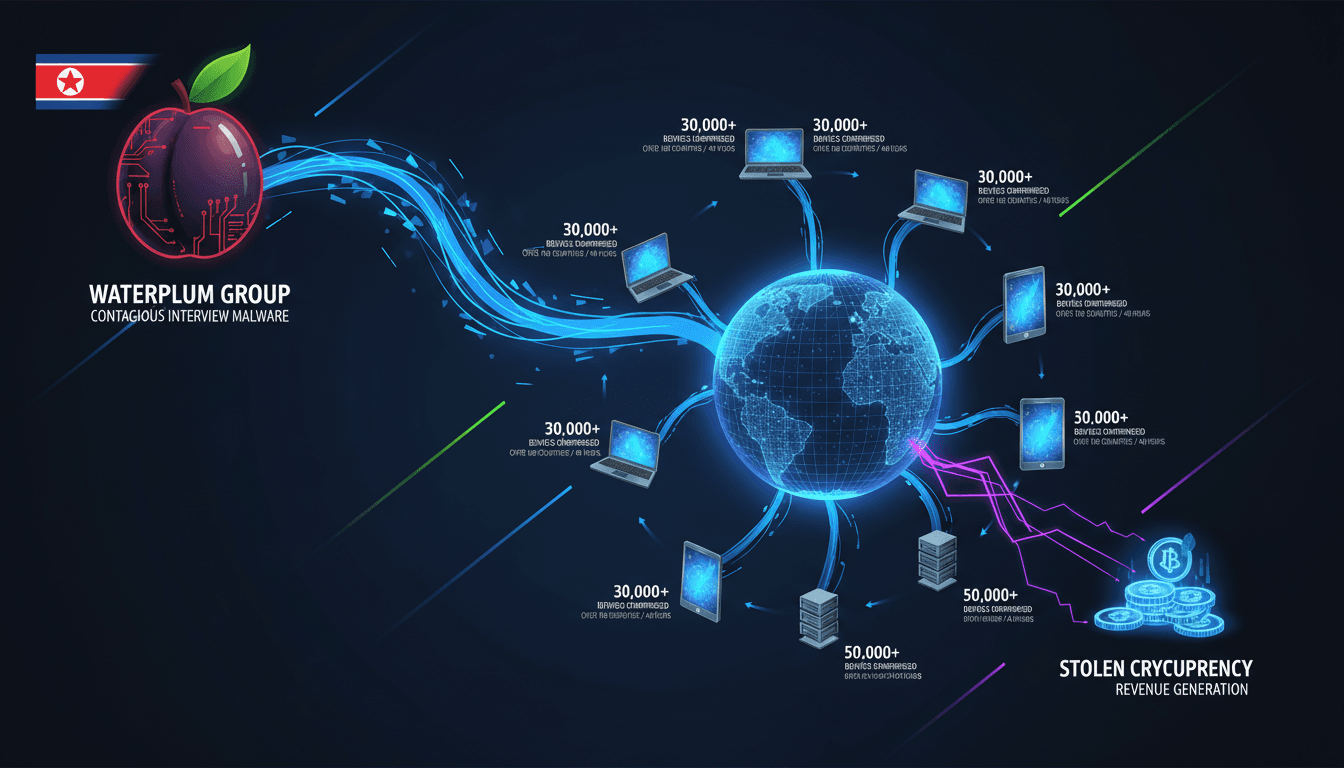 Infographic showing the North Korean WaterPlum malware campaign's impact on global cybersecurity and financial security.