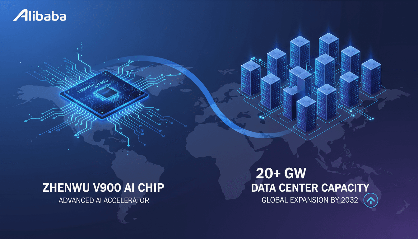 Infographic showing Alibaba's Zhenwu V900 AI chip capabilities and data center expansion plans.