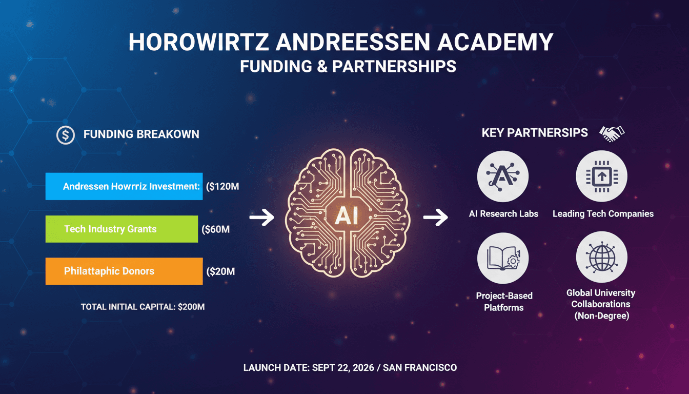 Infographic showing the funding and partnerships of the Horowitz Andreessen Academy, highlighting its focus on AI education.