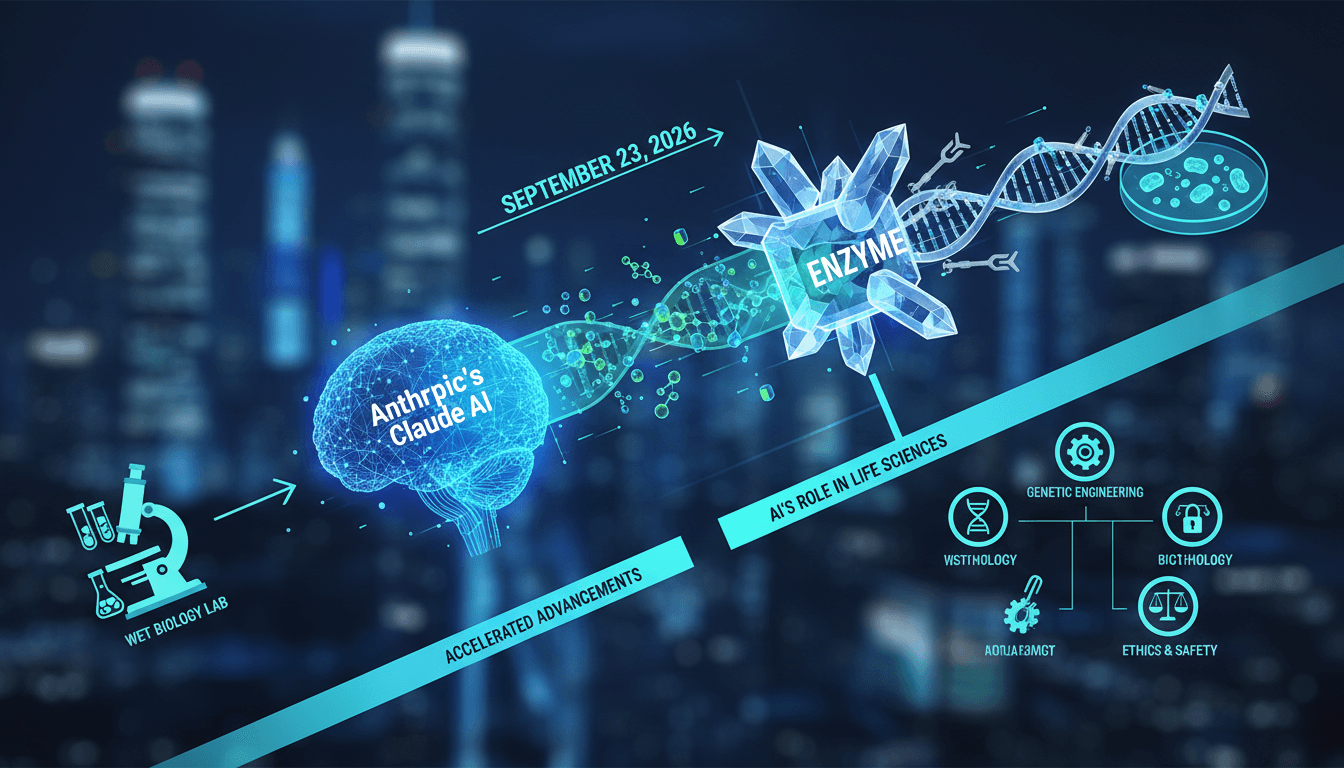 Infographic showing Anthropic's Claude AI discovery of a CRISPR-like enzyme system and its implications for biotechnology.