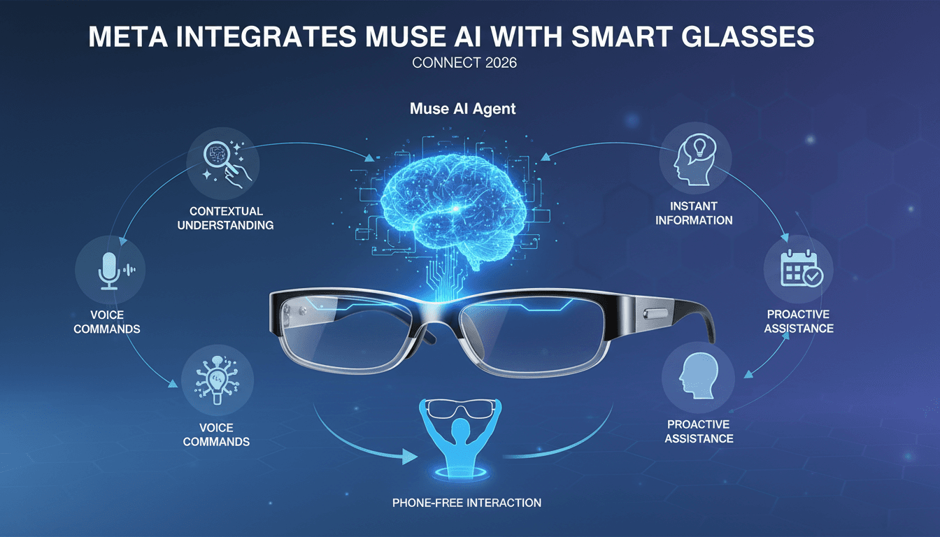 Infographic showing Meta's Muse AI integration with smart glasses, highlighting features and benefits.