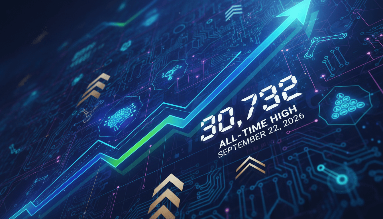 A graphic showing the Nasdaq 100's record high with AI-related visuals.