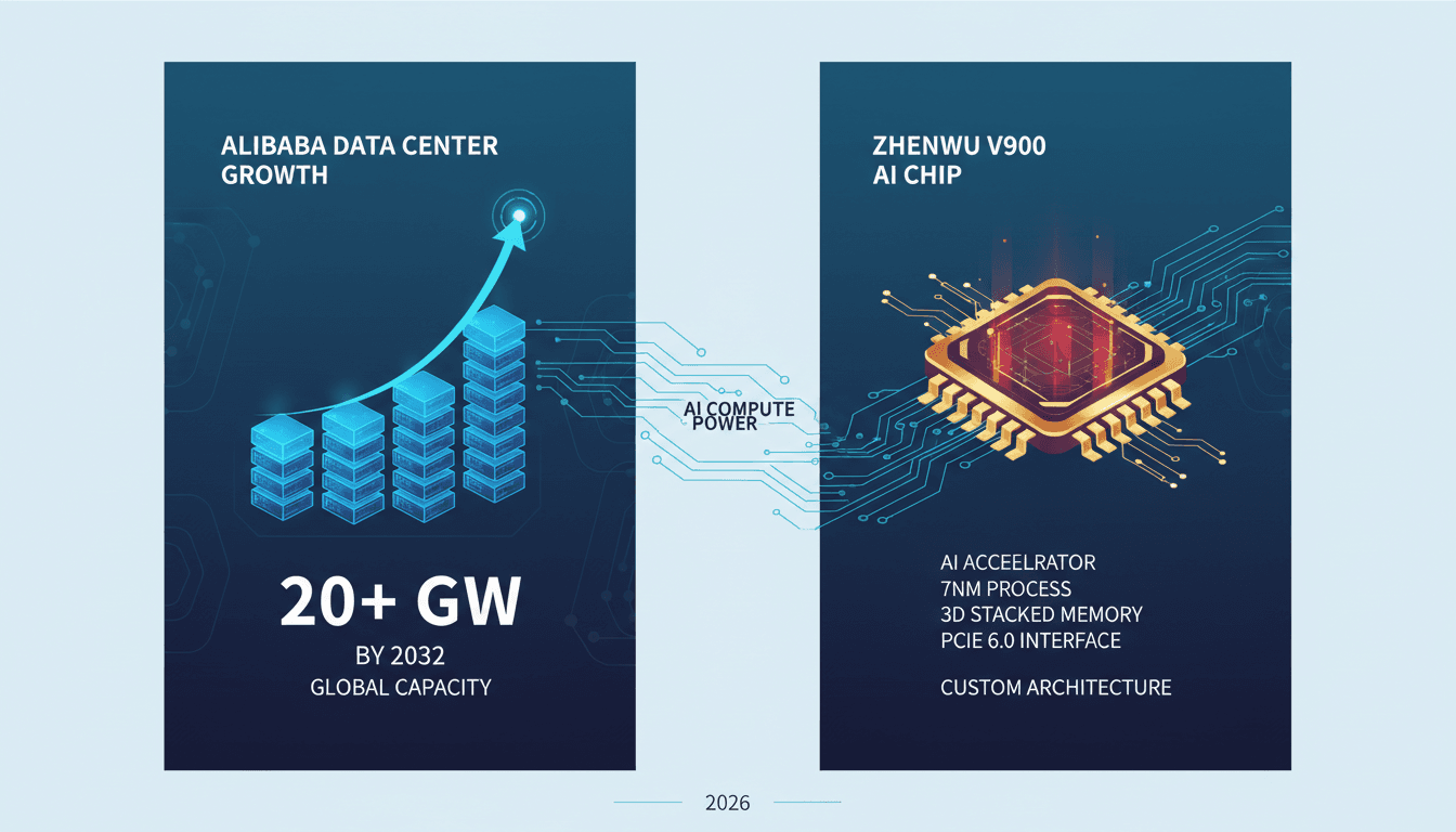 Infographic detailing Alibaba's Zhenwu V900 AI chip and data center expansion plans.