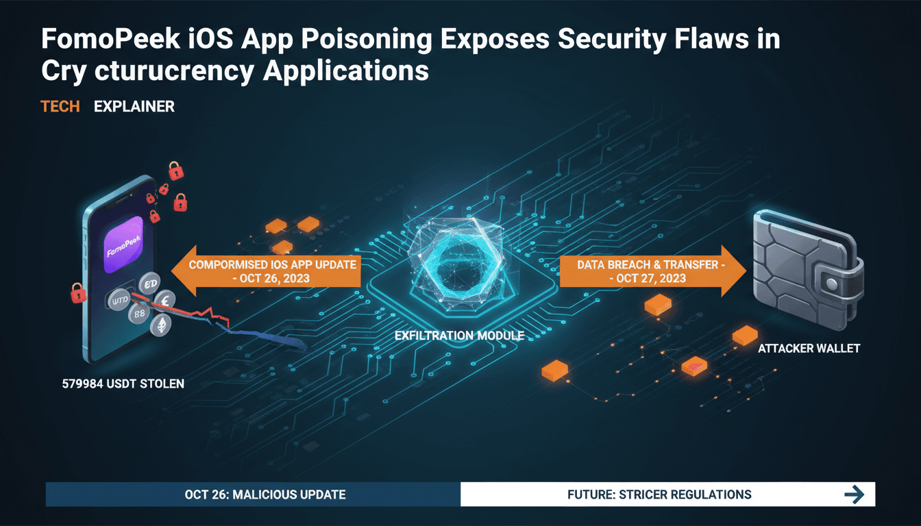 Infographic showing the flow of funds from the FomoPeek app to the attacker wallet, highlighting the timeline of events.
