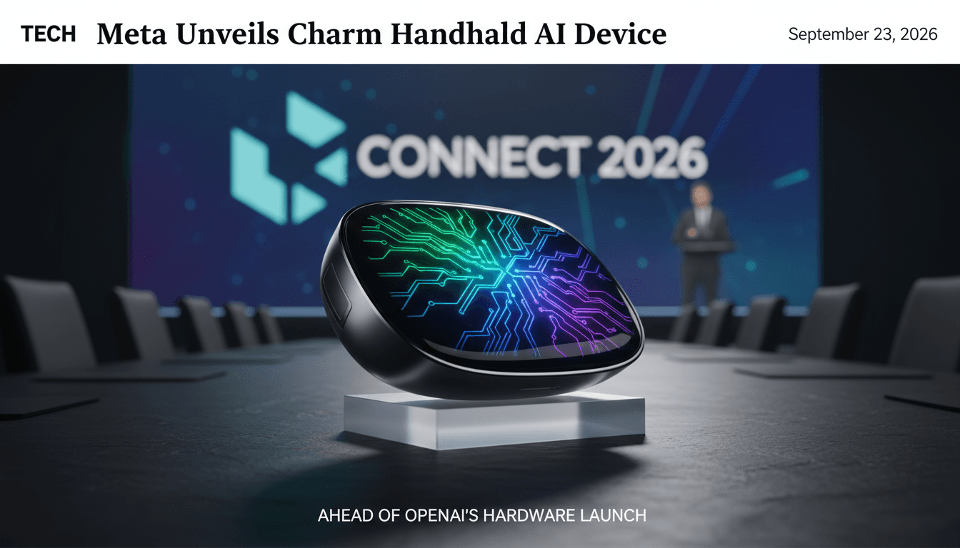 A sleek palm-sized AI device representing Meta's Charm, highlighting the future of personal technology.