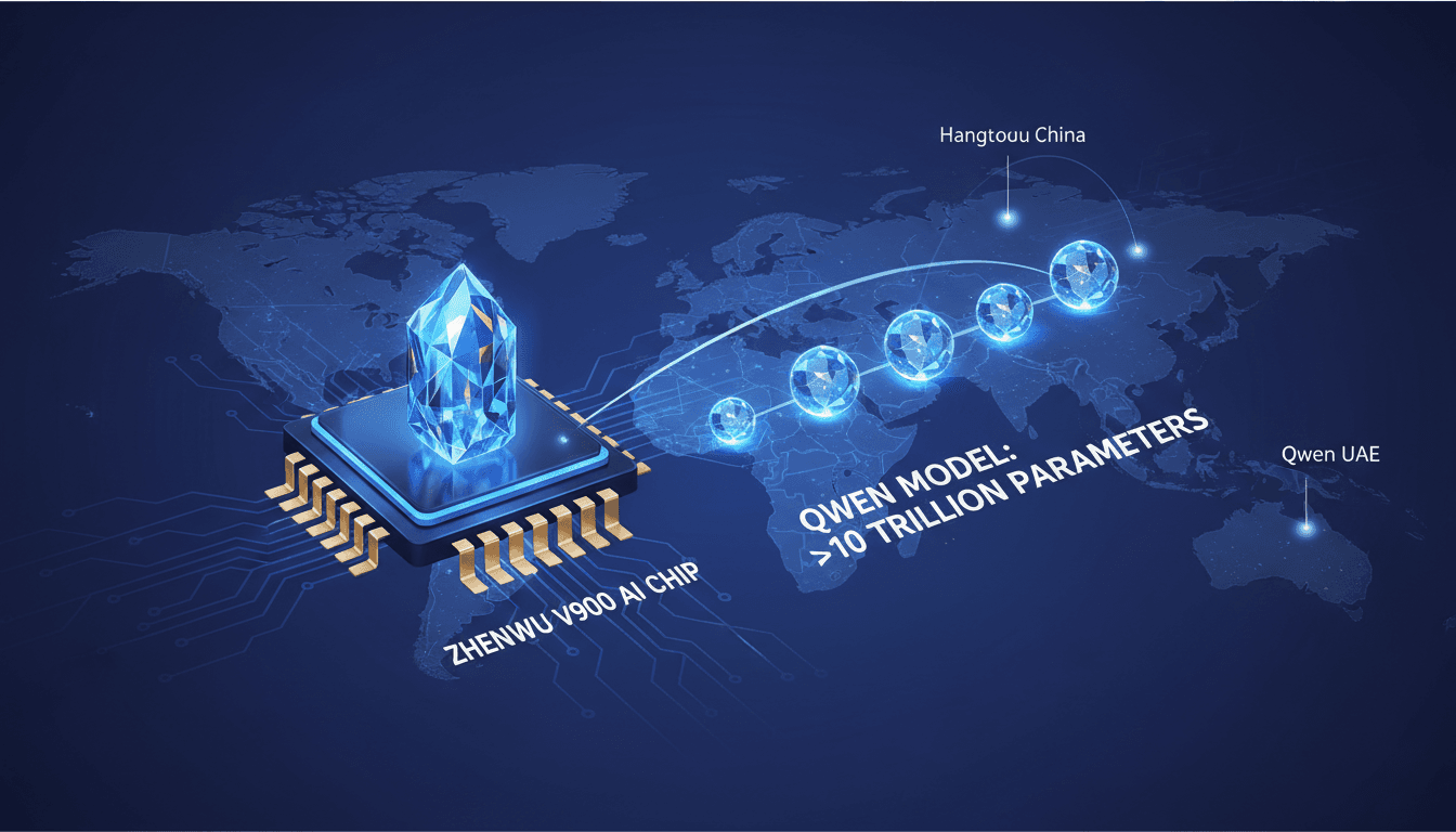 Infographic detailing Alibaba's Zhenwu V900 AI chip specifications and future Qwen model parameters.