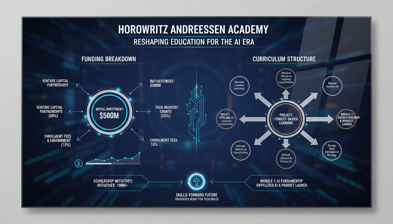 Infographic showing the funding and curriculum structure of the Horowitz Andreessen Academy.