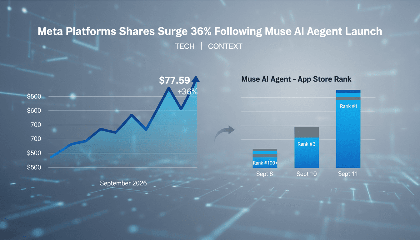 A graph depicting Meta Platforms stock surge alongside Muse AI app rankings.