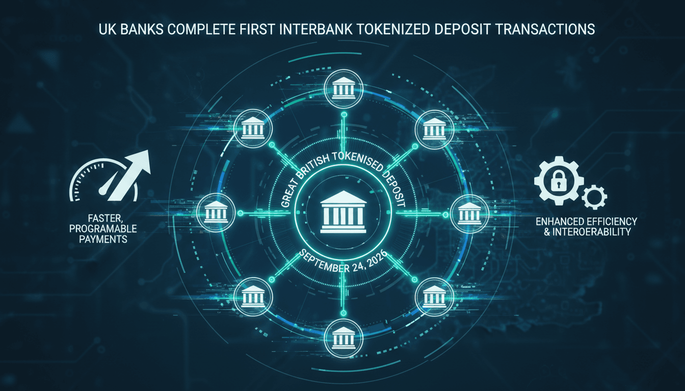 An infographic showing the flow of tokenized deposits between UK banks, emphasizing transaction efficiency and speed.