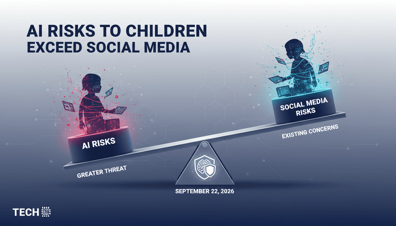 Infographic showing AI risks to children compared to social media dangers.