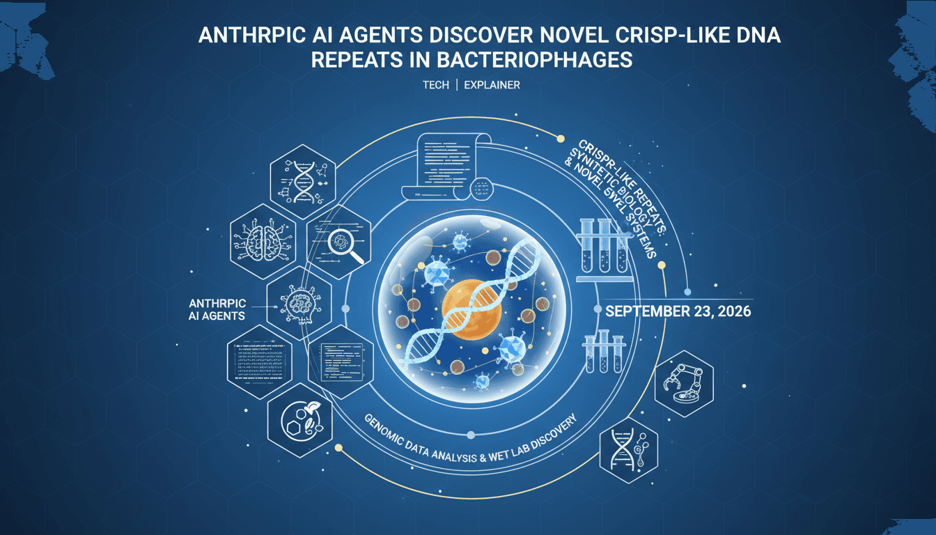 Infographic showing Anthropic AI's discovery of CRISPR-like DNA repeats and its implications for biotechnology.