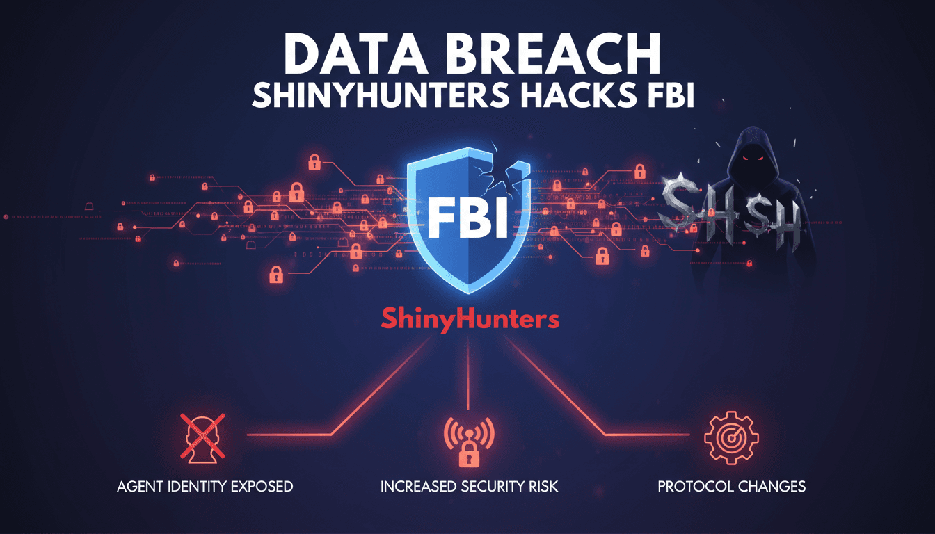 Infographic showing the flow of sensitive data from the FBI to ShinyHunters and its implications for agent safety.