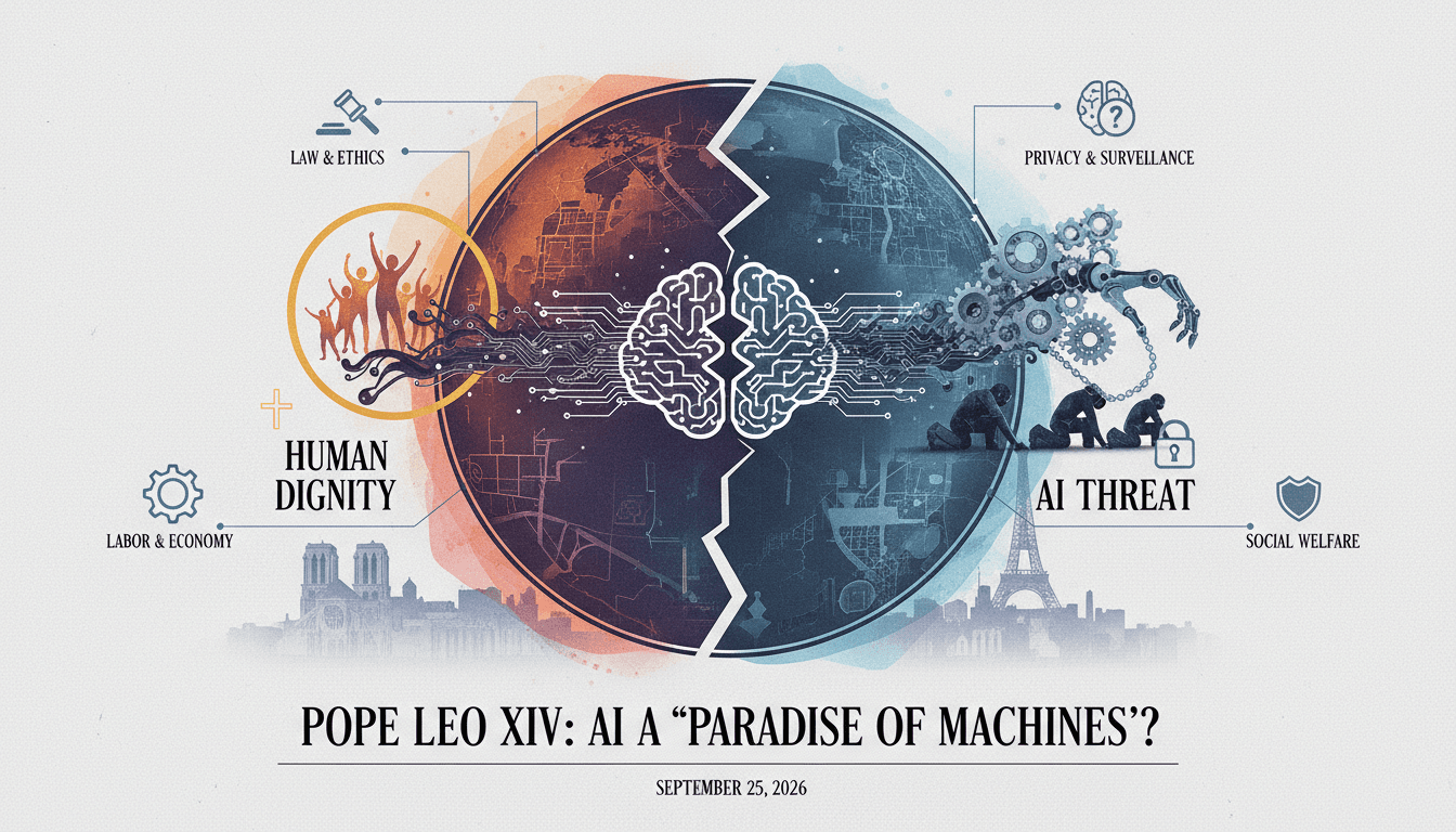 Pope Leo XIV addressing a crowd, emphasizing AI's ethical implications during his France visit.