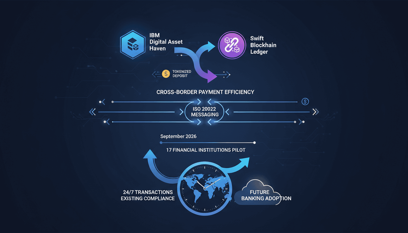 Infographic showing the integration of IBM's Digital Asset Haven with Swift's blockchain ledger for tokenized deposits.