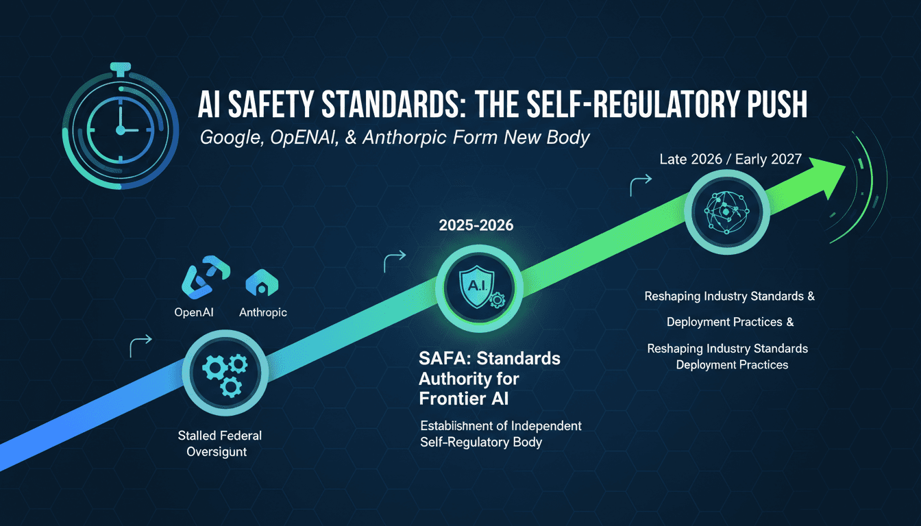 Infographic showing the timeline and key players in the formation of the AI safety standards body SAFA.