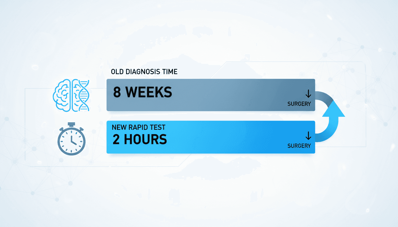 Infographic illustrating the rapid genomic test for brain tumours, highlighting the time reduction from eight weeks to two hours.