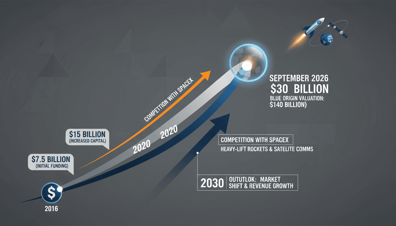 Infographic detailing Jeff Bezos's $30 billion investment in Blue Origin and its impact on the commercial space sector.