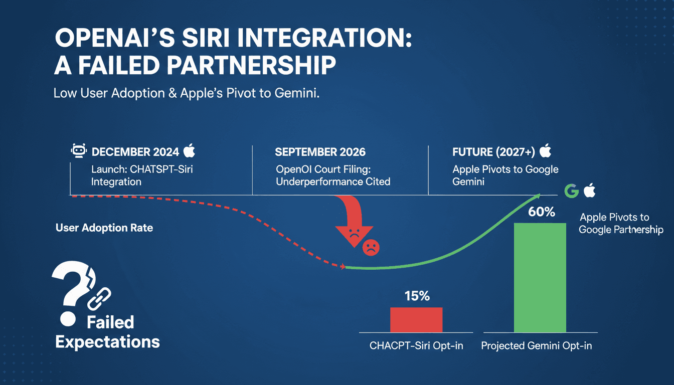 Infographic detailing OpenAI's ChatGPT integration with Siri and its underperformance since launch.