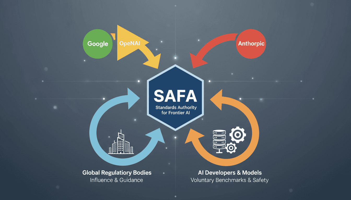 A visual representation of the AI standards initiative by Google, OpenAI, and Anthropic, highlighting their collaboration on safety protocols.