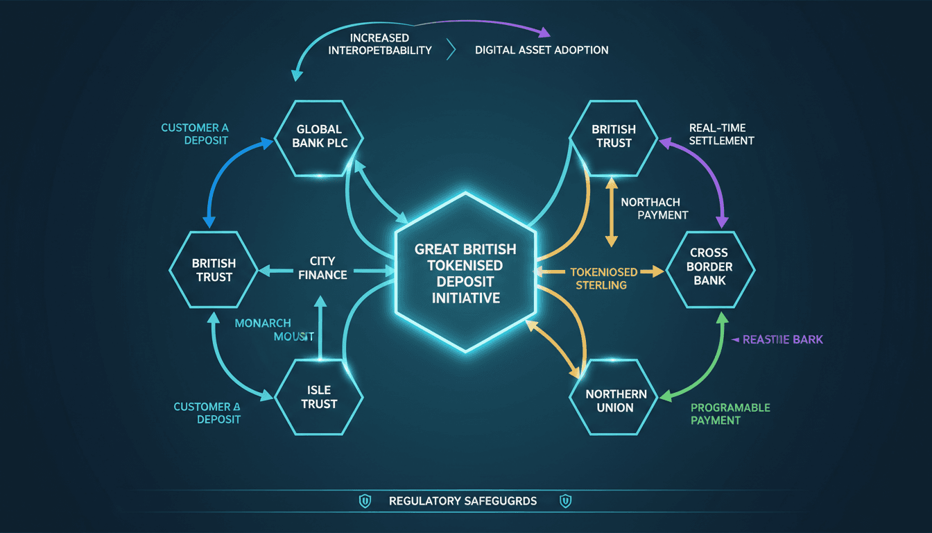 Infographic showing the flow of tokenized sterling deposits among UK banks and transaction types.