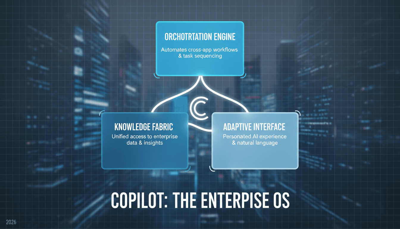 Infographic showing the new features of Microsoft Copilot as a new operating system for enterprise work.