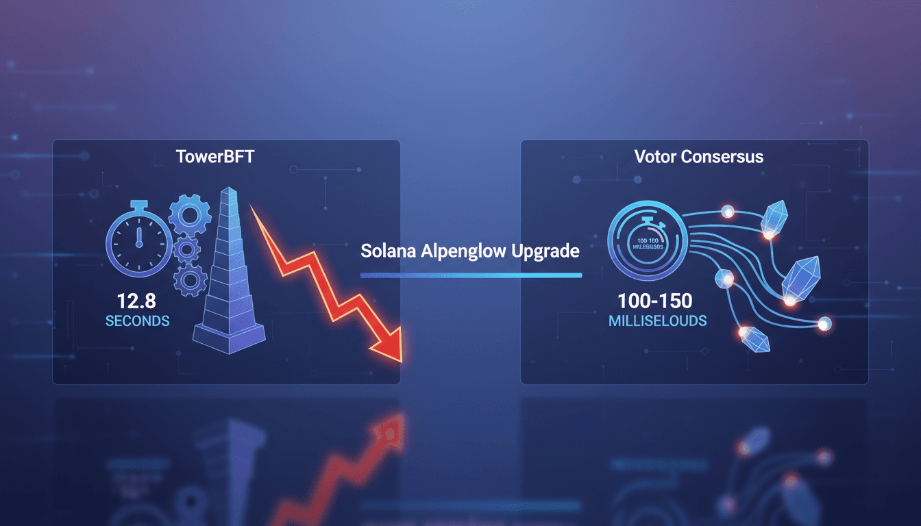 Infographic showing Solana's Alpenglow upgrade from TowerBFT to Votor, emphasizing transaction finality improvements.