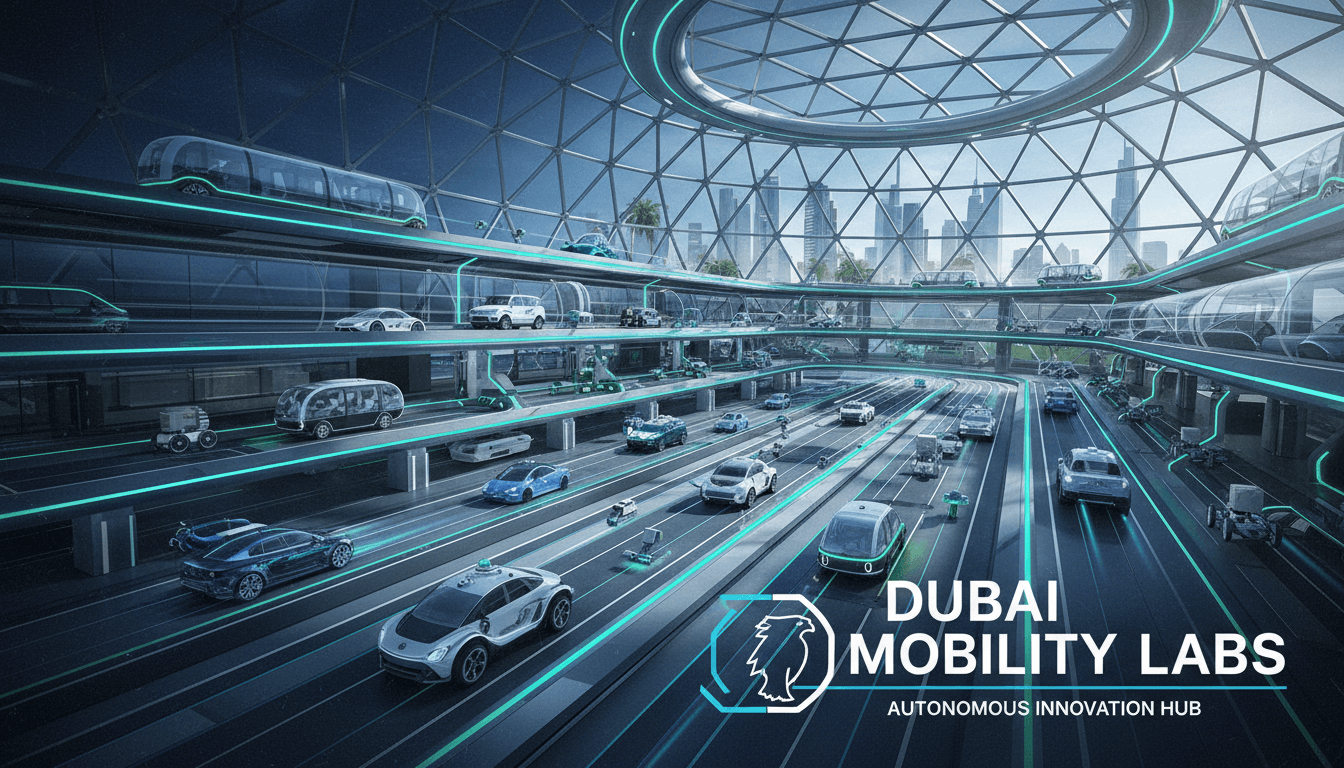 Aerial view of Dubai Mobility Labs showcasing autonomous vehicles and testing tracks.