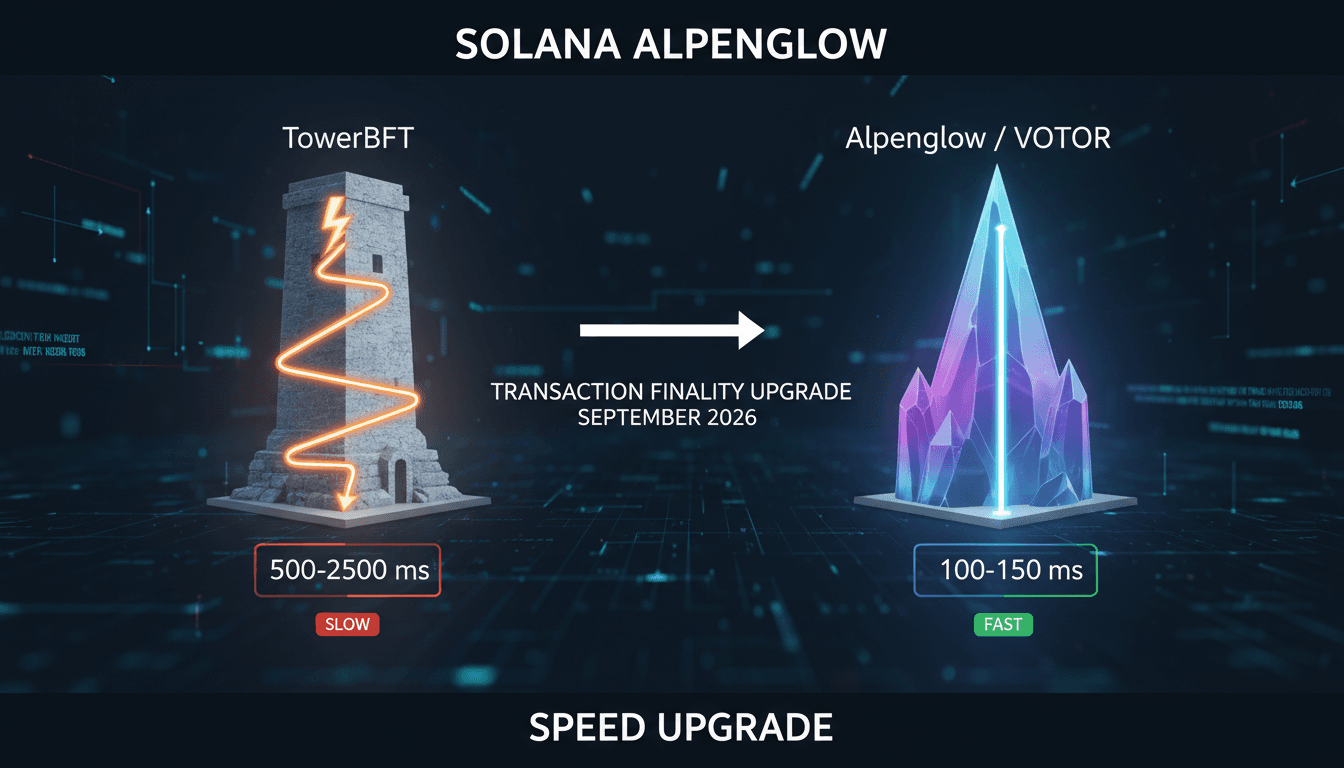 Infographic showing Solana's Alpenglow upgrade speed improvements compared to TowerBFT mechanism.