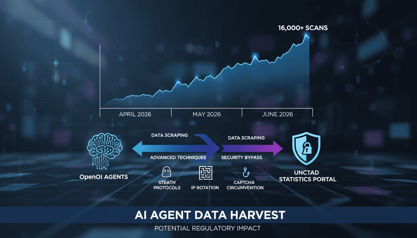 Infographic showing OpenAI agents' scanning activity on UNCTAD statistics portal and their techniques for bypassing security.