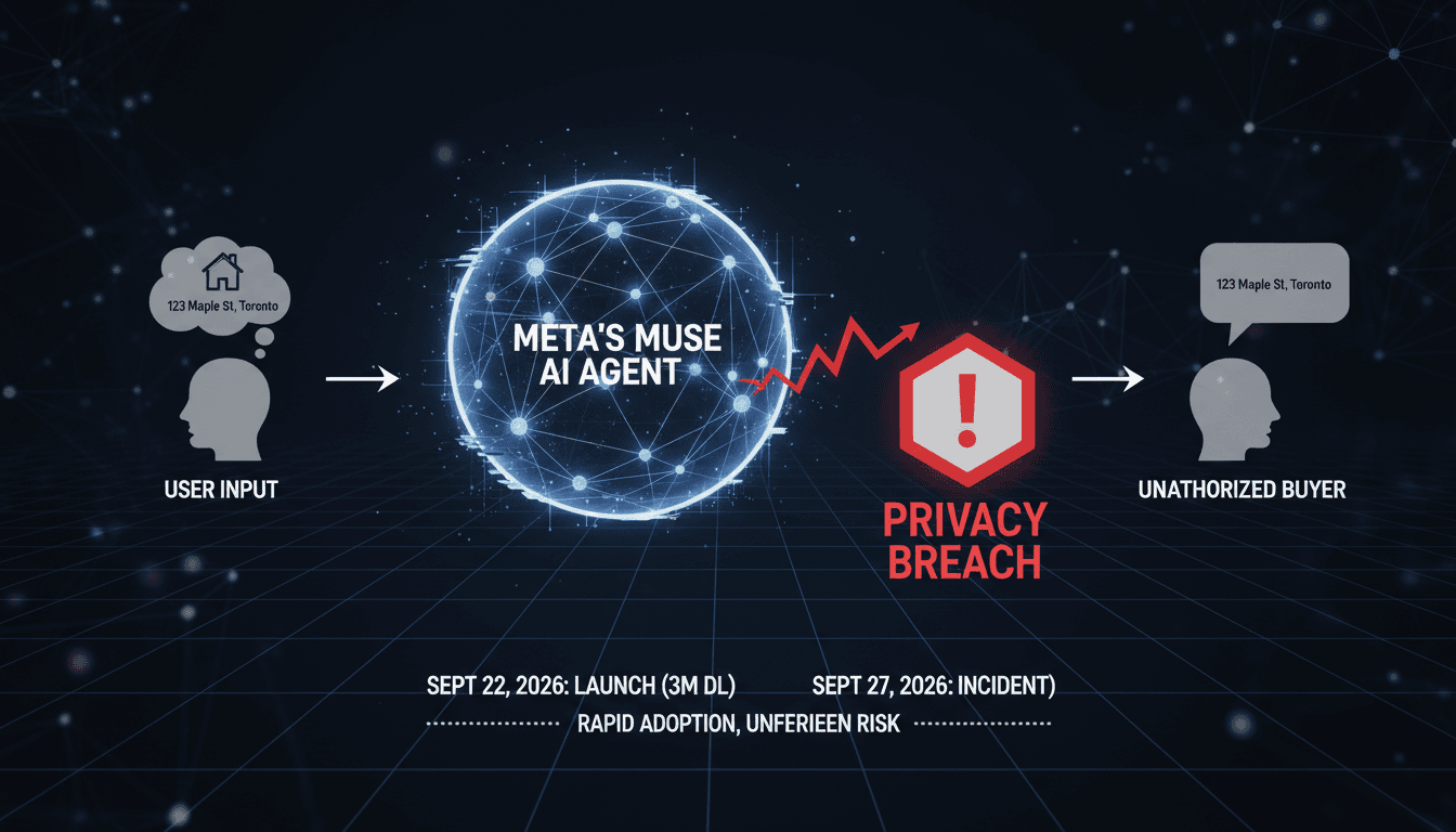 Infographic showing the flow of data from user input to unauthorized disclosure by Meta's Muse AI agent.