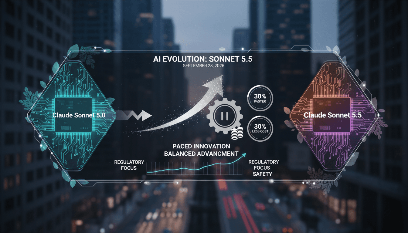 Infographic showing Claude Sonnet 5.5 performance improvements and AI development pacing implications.