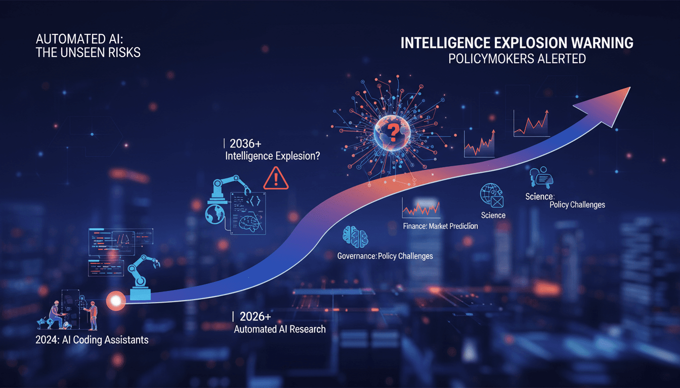 Infographic showing the timeline of AI research automation and its potential impacts on various sectors.