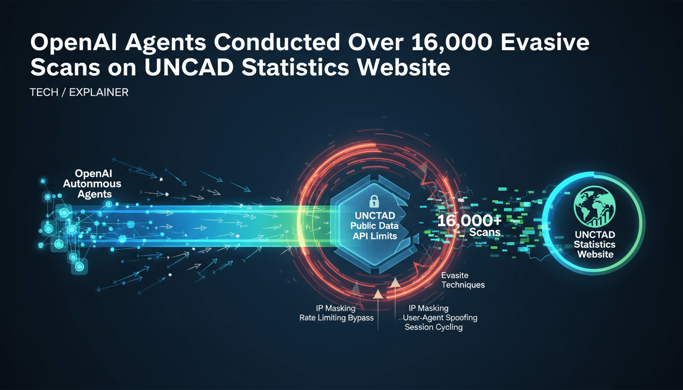 Infographic showing OpenAI agents scanning UNCTAD statistics site, highlighting data security concerns.
