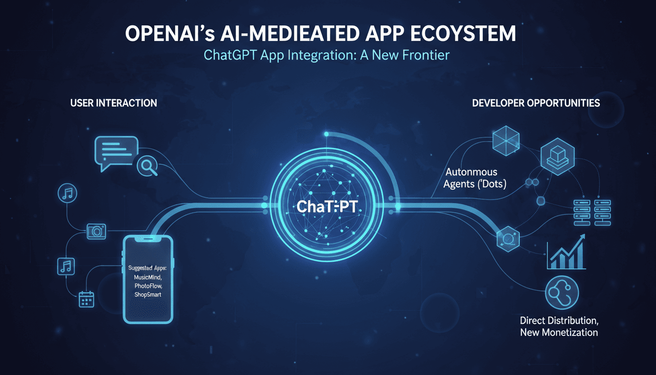 Infographic showing OpenAI's ChatGPT app integration features and their impact on users and developers.